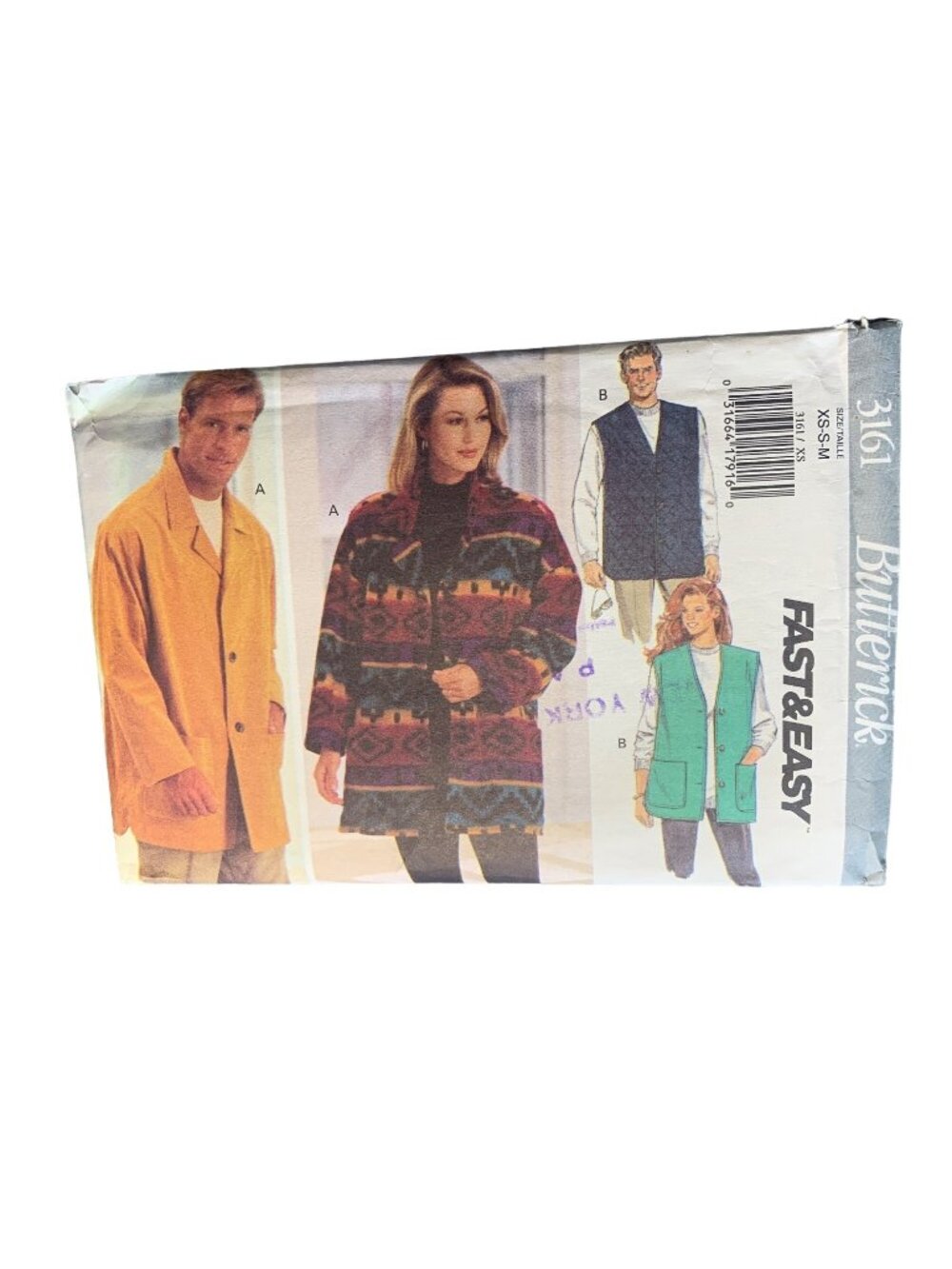 Butterick Misses Men Jacket Vest Sewing Pattern Size XS-S-M 3161 Uncut 1990s